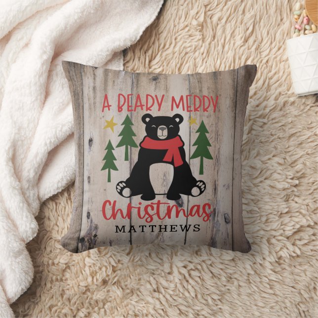 Rustic Woodland Barn Wood Bear Christmas  Cushion (Blanket)