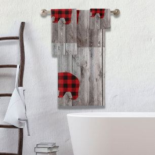 rustic woodland barn wood red buffalo plaid bear bath towel set