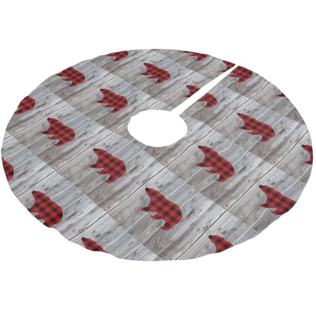 rustic woodland barn wood red buffalo plaid bear brushed polyester tree skirt (Angled)