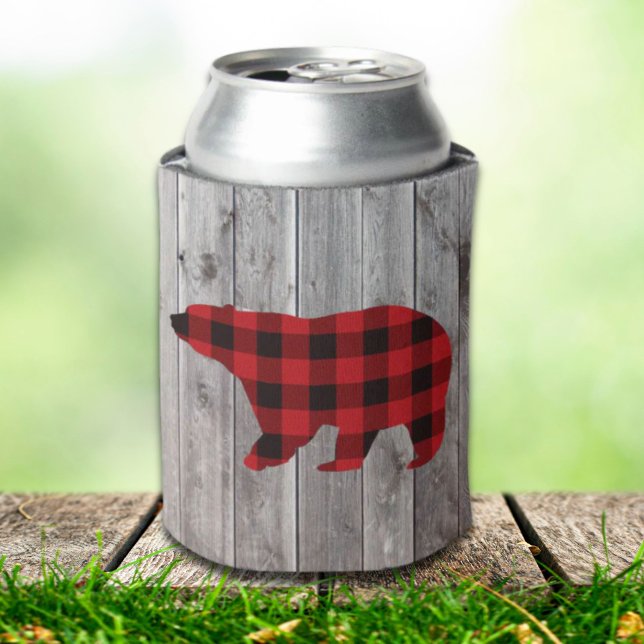 rustic woodland barn wood red buffalo plaid bear can cooler (rustic woodland barn wood red buffalo plaid bear can cooler)