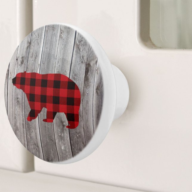 rustic woodland barn wood red buffalo plaid bear ceramic knob (rustic woodland barn wood red buffalo plaid bear ceramic knob)