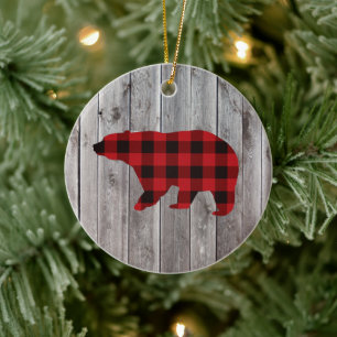 rustic woodland barn wood red buffalo plaid bear ceramic ornament
