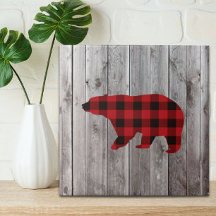 rustic woodland barn wood red buffalo plaid bear ceramic tile