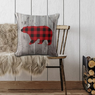 rustic woodland barn wood red buffalo plaid bear cushion
