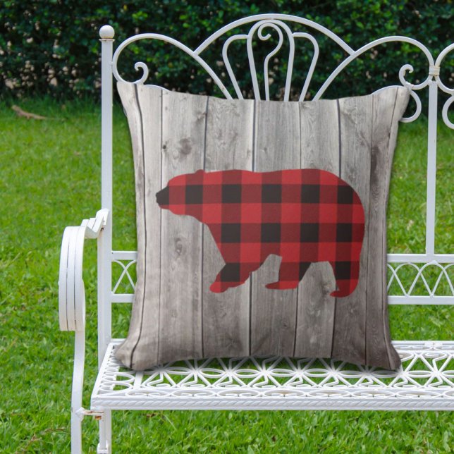 rustic woodland barn wood red buffalo plaid bear cushion (rustic woodland barn wood red buffalo plaid bear outdoor pillow)
