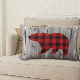 rustic woodland barn wood red buffalo plaid bear lumbar cushion
