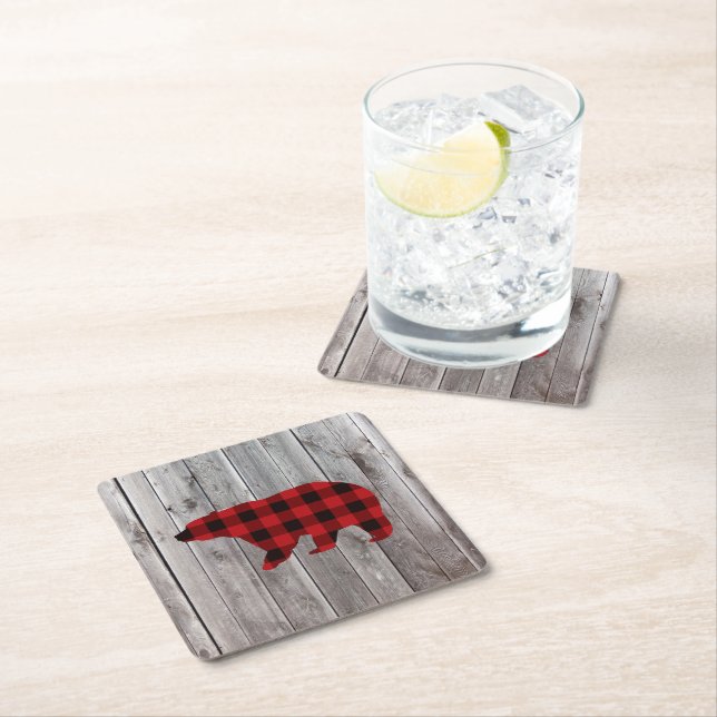 rustic woodland barn wood red buffalo plaid bear square paper coaster (Insitu)