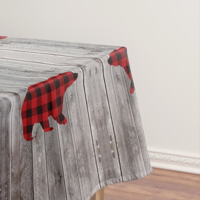 rustic woodland barn wood red buffalo plaid bear tablecloth (In Situ)