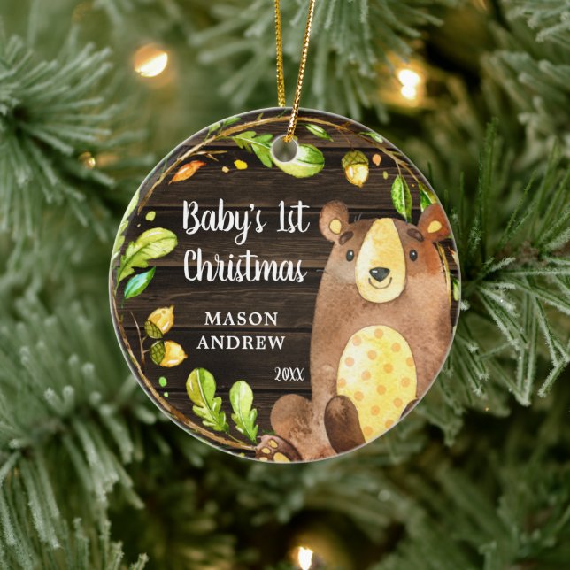 Rustic Woodland Bear Baby's First Christmas Ceramic Ornament (Tree)