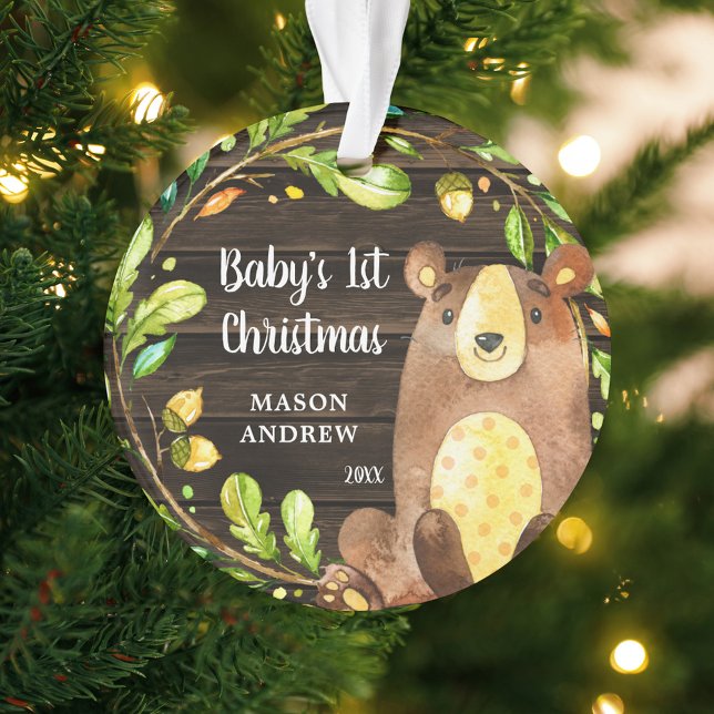 Rustic Woodland Bear Baby's First Christmas Ornament (Creator Uploaded)