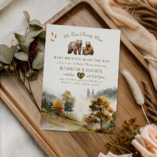 Rustic Woodland Bear Family Autumn Landscape Baby  Invitation