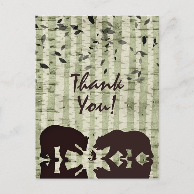 Rustic Woodland Bears and Birch Trees Thank You Postcard (Front)