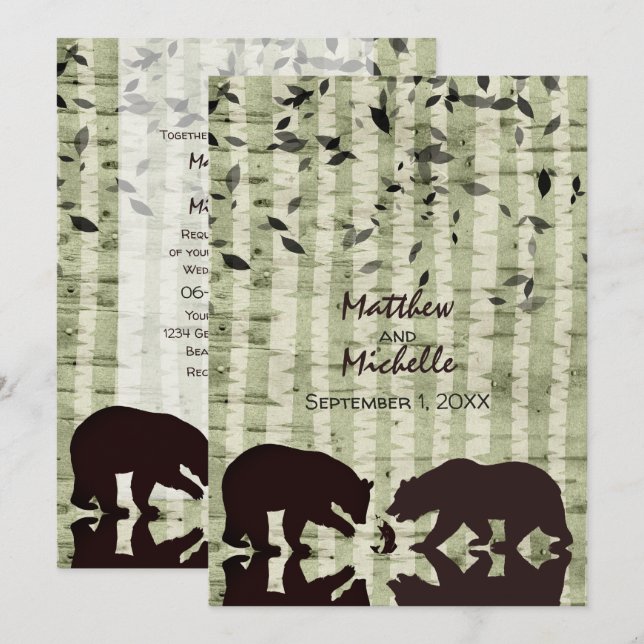 Rustic Woodland Bears Fishing, Birch Trees Wedding Invitation (Front/Back)