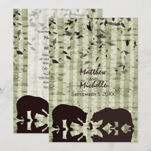 Rustic Woodland Bears Fishing, Birch Trees Wedding Invitation