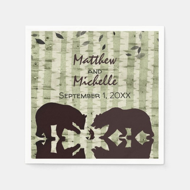 Rustic Woodland Bears Fishing, Birch Trees Wedding Napkin (Front)