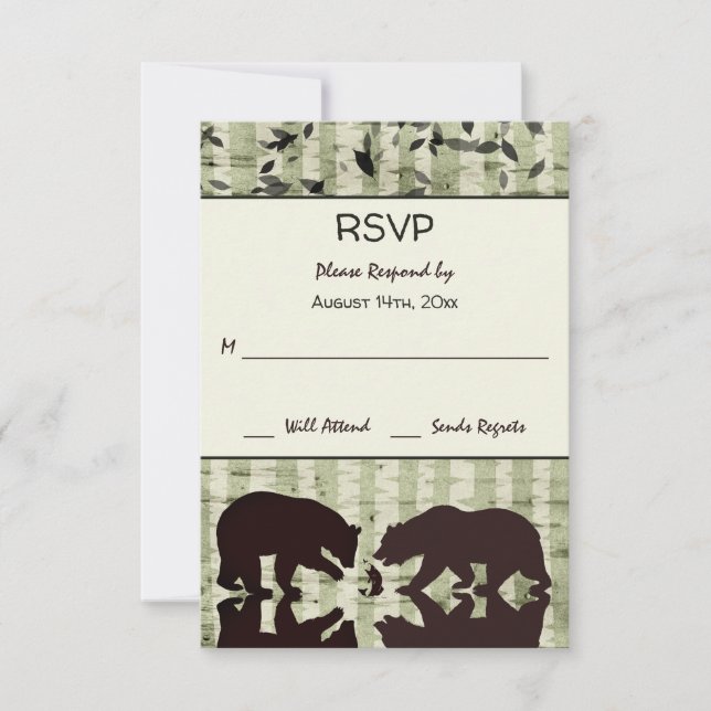 Rustic Woodland Bears Fishing, Birch Trees Wedding RSVP Card (Front)