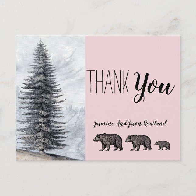 Rustic Woodland Bears Pink Baby Shower Thank You Postcard (Front)