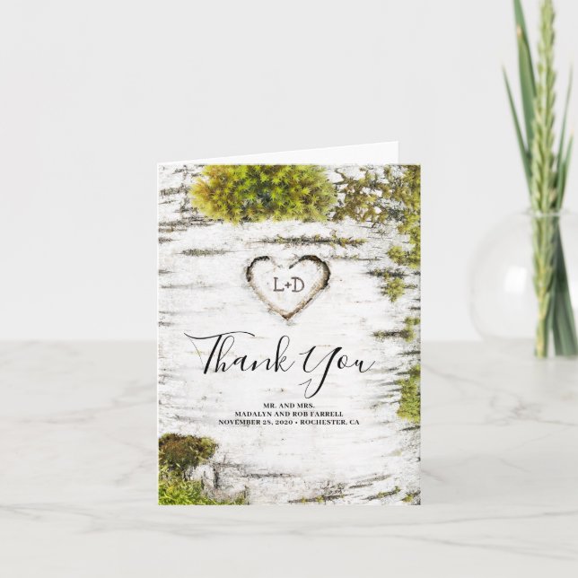Rustic Woodland Birch Heart Wedding Thank You Card (Front)