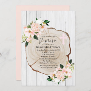 Rustic Woodland Blush Floral Baptism Invitation