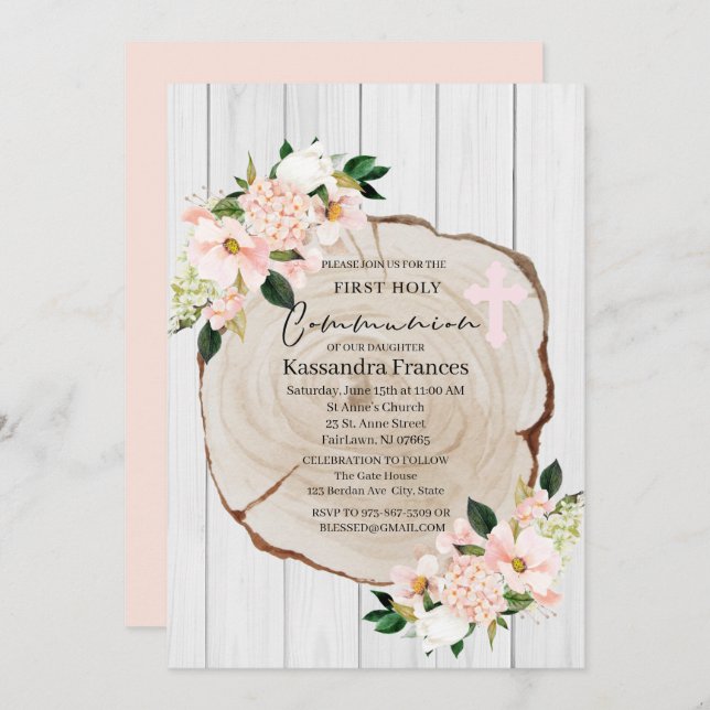 Rustic Woodland Blush Floral First Holy Communion Invitation (Front/Back)