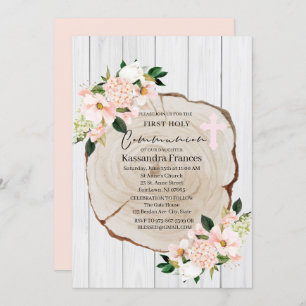 Rustic Woodland Blush Floral First Holy Communion Invitation