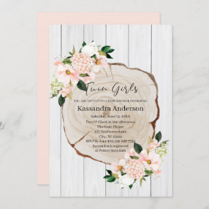 Rustic Woodland Blush Floral Twins Baby Shower Invitation