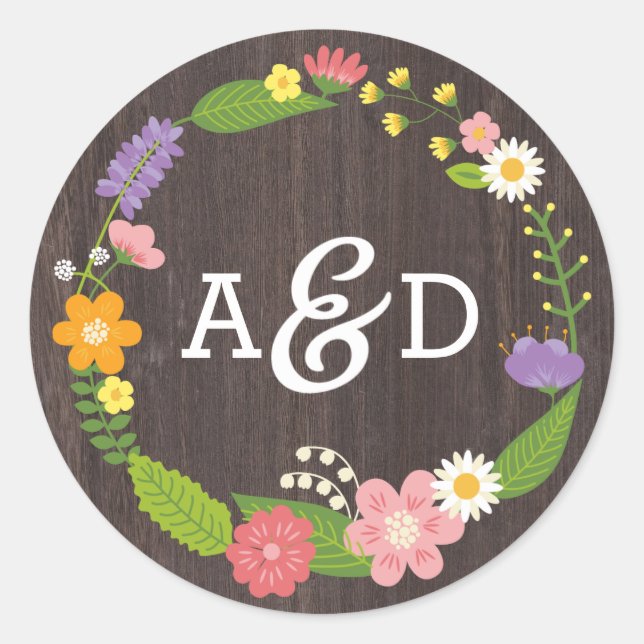 Rustic Woodland Bohemian Floral Wreath Wedding Classic Round Sticker (Front)