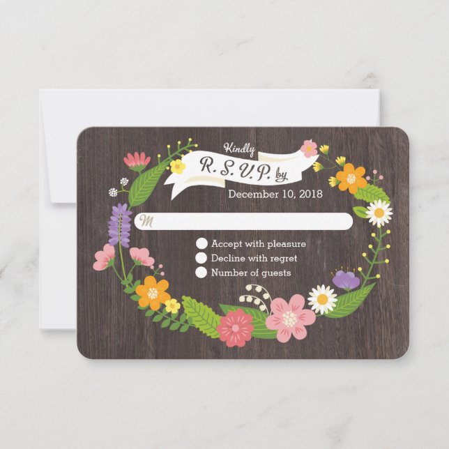 Rustic Woodland Bohemian Floral Wreath Wedding RSVP Card (Front)