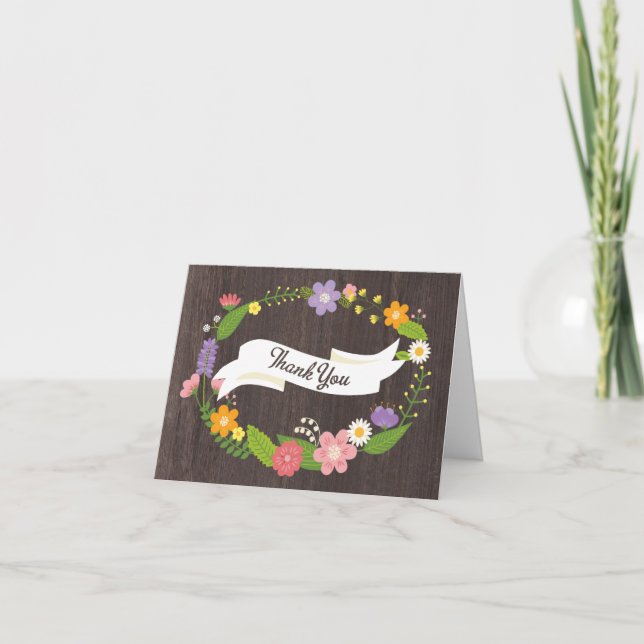 Rustic Woodland Bohemian Floral Wreath Wedding Thank You Card (Front)