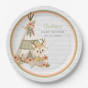 Rustic Woodland Boho Fox Baby Shower Paper Plate