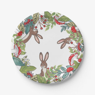 Rustic Woodland Bunny Rabbit Mushroom Berry Leaves Paper Plate