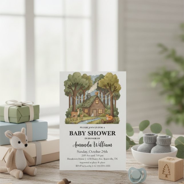 Rustic Woodland Cabin Forest Animals Baby Shower Invitation (Creator Uploaded)