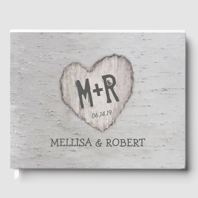 Rustic Woodland Carved Heart Birch Tree Wedding Guest Book (Front)
