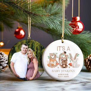 Rustic Woodland Christmas Baby Boy Announcement  Ceramic Ornament