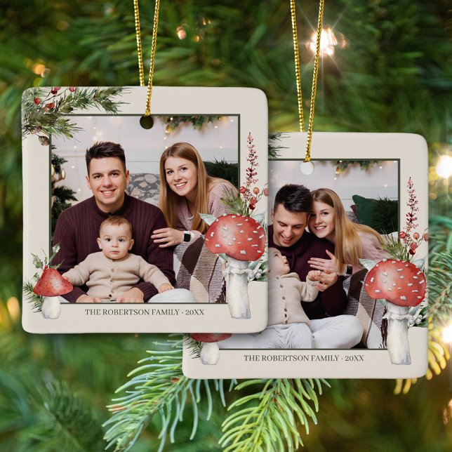 Rustic Woodland Christmas Mushrooms 2 Photo Ceramic Ornament (Creator Uploaded)