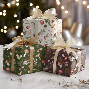 Rustic Woodland Christmas Winter Mushrooms Wrapping Paper Sheet