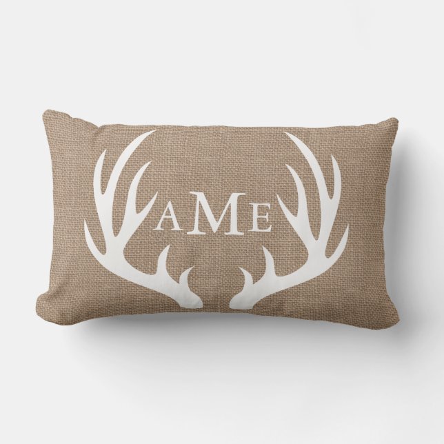 Rustic Woodland Country Deer Antler Faux Burlap Lumbar Cushion (Front)