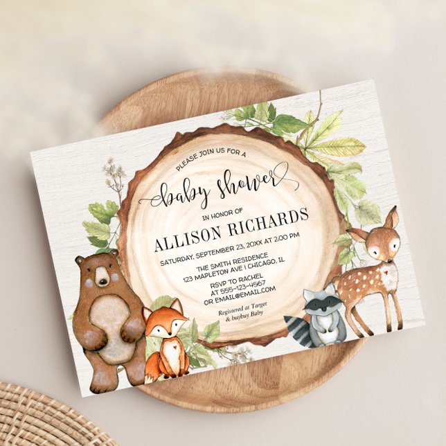 Rustic woodland cute forest animals baby shower invitation (Creator Uploaded)