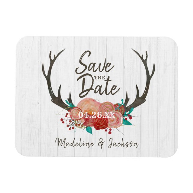 Rustic Woodland Deer Antler Bouquet Save the Date Magnet (Horizontal)