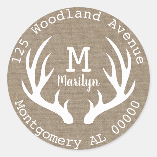 Rustic Woodland Deer Antlers Faux Burlap Address Classic Round Sticker (Front)