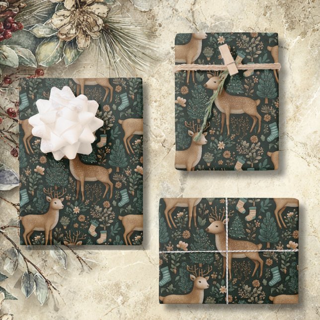 Rustic Woodland Deer & Christmas Pine Tree  Wrapping Paper Sheet (Creator Uploaded)
