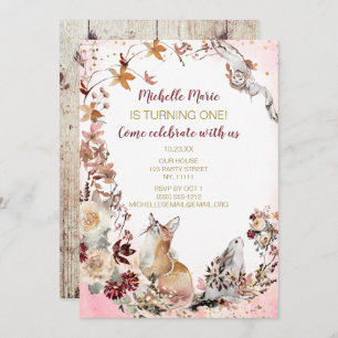 Rustic Woodland Deer Floral First Birthday Invitation