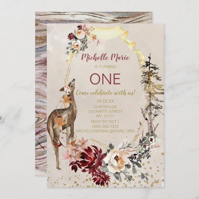 Rustic Woodland Deer Floral First Birthday Invitation (Front/Back)