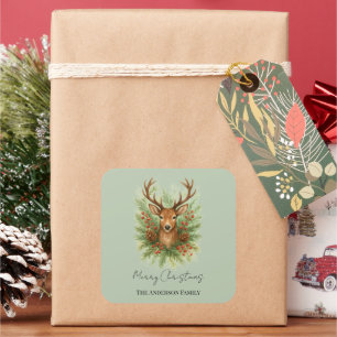 Rustic Woodland Deer Head with Winter Foliage - Square Sticker