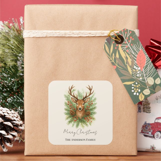 Rustic Woodland Deer Head with Winter Foliage -  Square Sticker (Holiday)