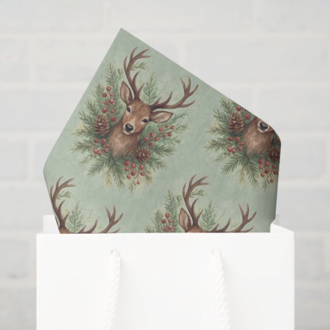 Rustic Woodland Deer Head with Winter Foliage -  Tissue Paper (Gift Bag)