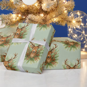 Rustic Woodland Deer Head with Winter Foliage - Wrapping Paper