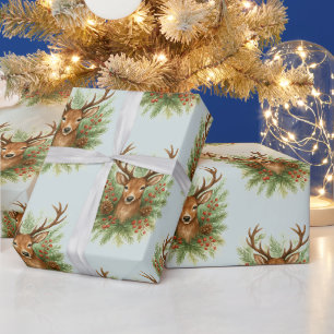 Rustic Woodland Deer Head with Winter Foliage -  Wrapping Paper