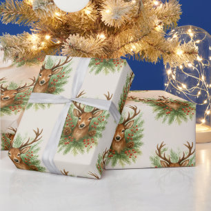 Rustic Woodland Deer Head with Winter Foliage - Wrapping Paper