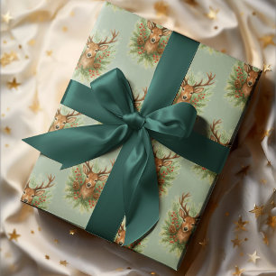 Rustic Woodland Deer Head with Winter Foliage - Wrapping Paper